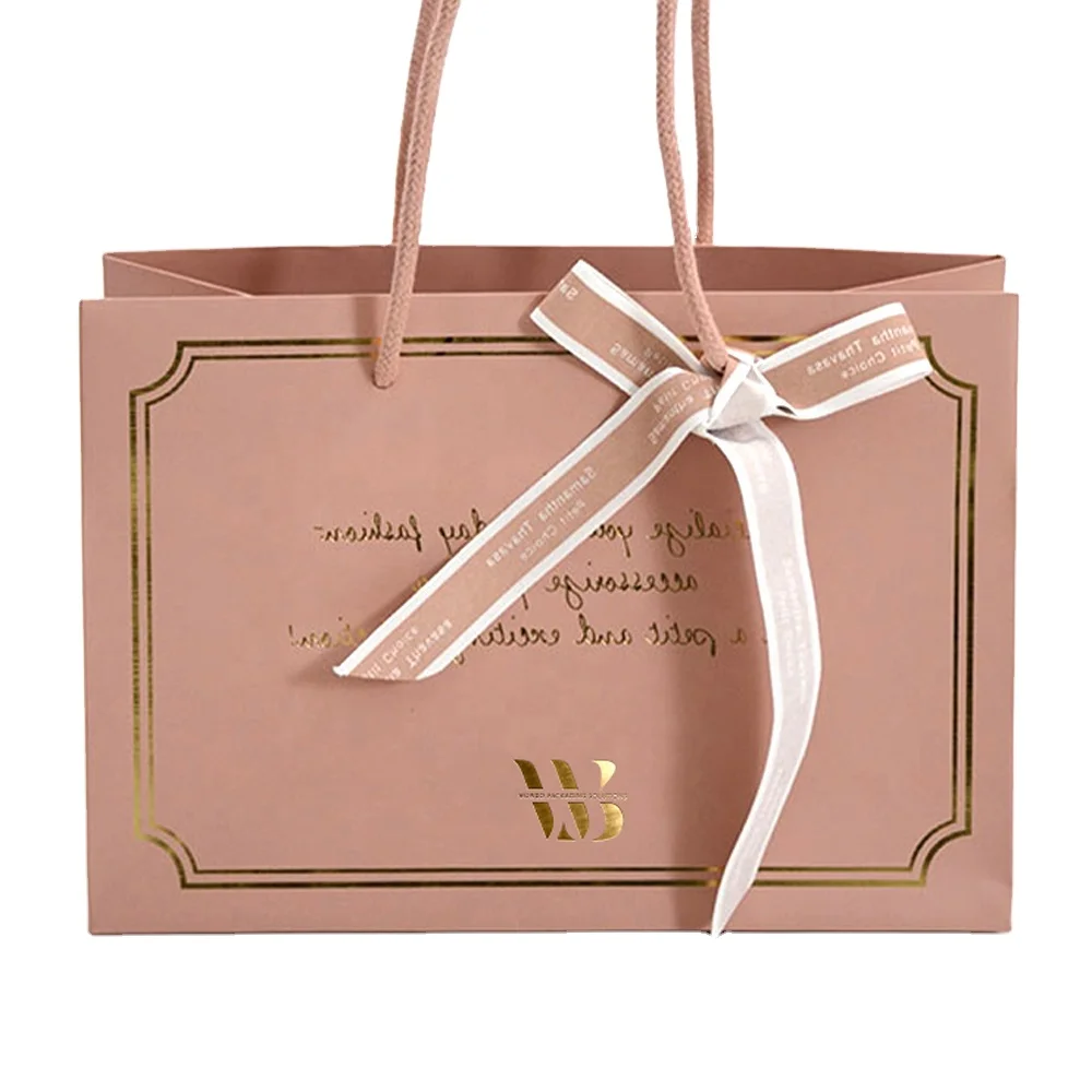 Gold Foil Stamped Gift Paper Bags for Shopping with Printed Ribbon