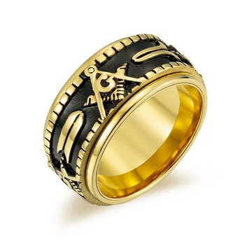 RFJEWEL Hot Retro Men Freemason Pattern Stainless steel Gold/Silver/Black Plated Rotate Relieve Stress Ring