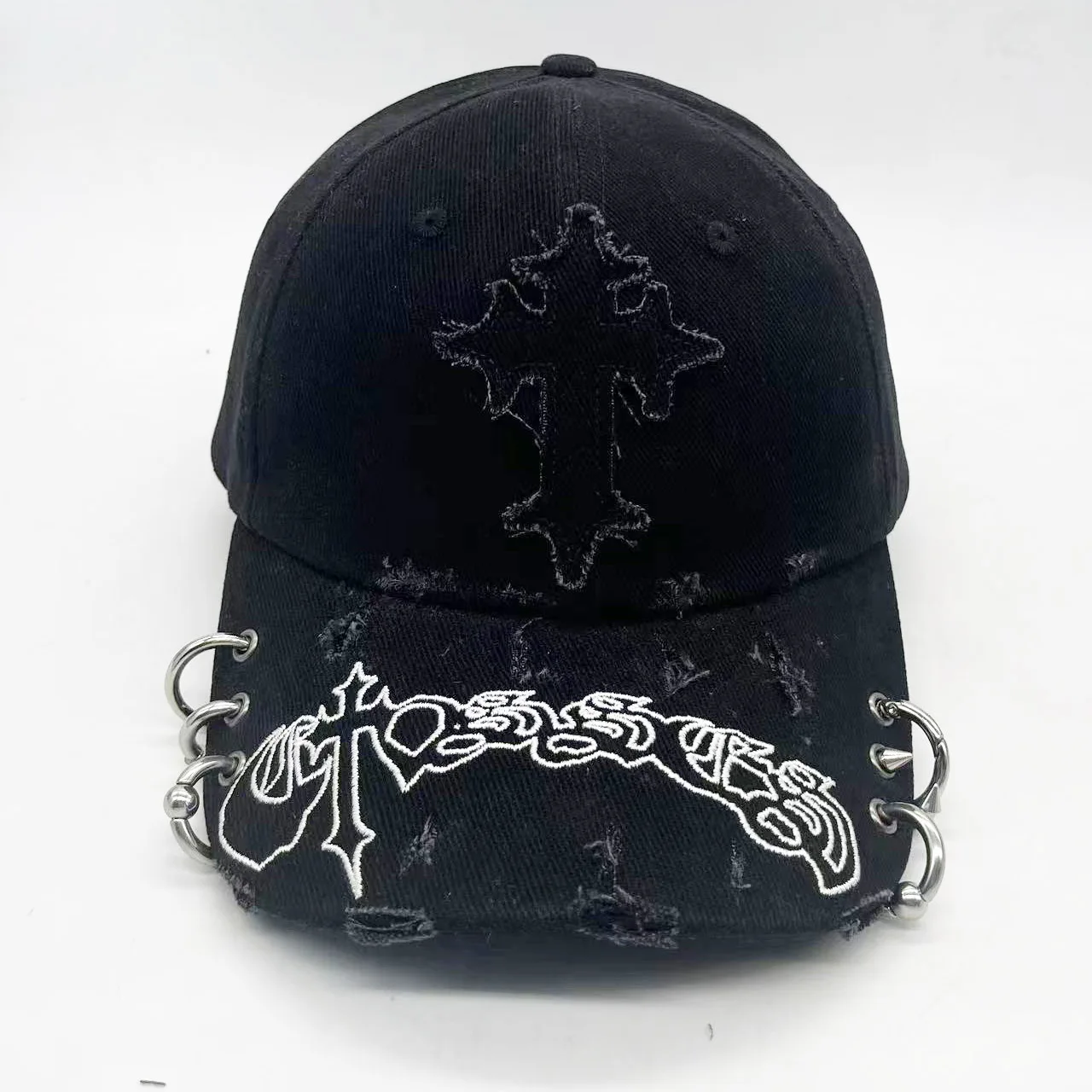 Street Style Iron Ring Torn Holes Fashion Design Washed Vintage Hat Custom Embroidery Logo Hats Men Baseball Caps