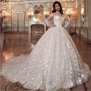 pettiskirt luxury big tail long sleeve bridal gown Shiny Beading Crystal Waist Luxury Lace Ball Gown Wedding Dress