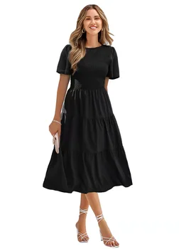 Spring and summer women's dress cinched waist slim oversized dress round neck to take the holiday soft cotton lady dress