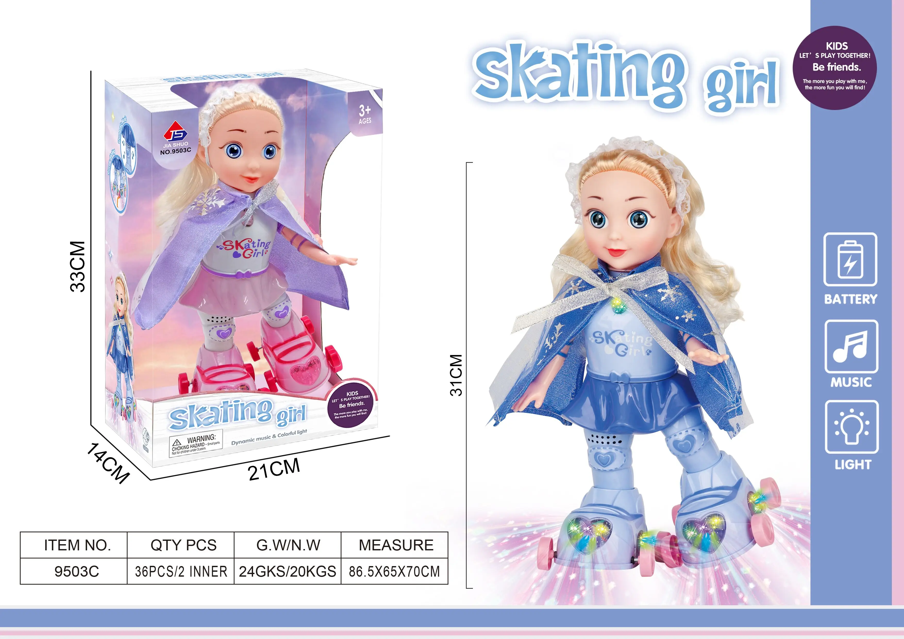 Zhengguang Toys Fashion Doll For Kids Skating Girl Toy With Light And