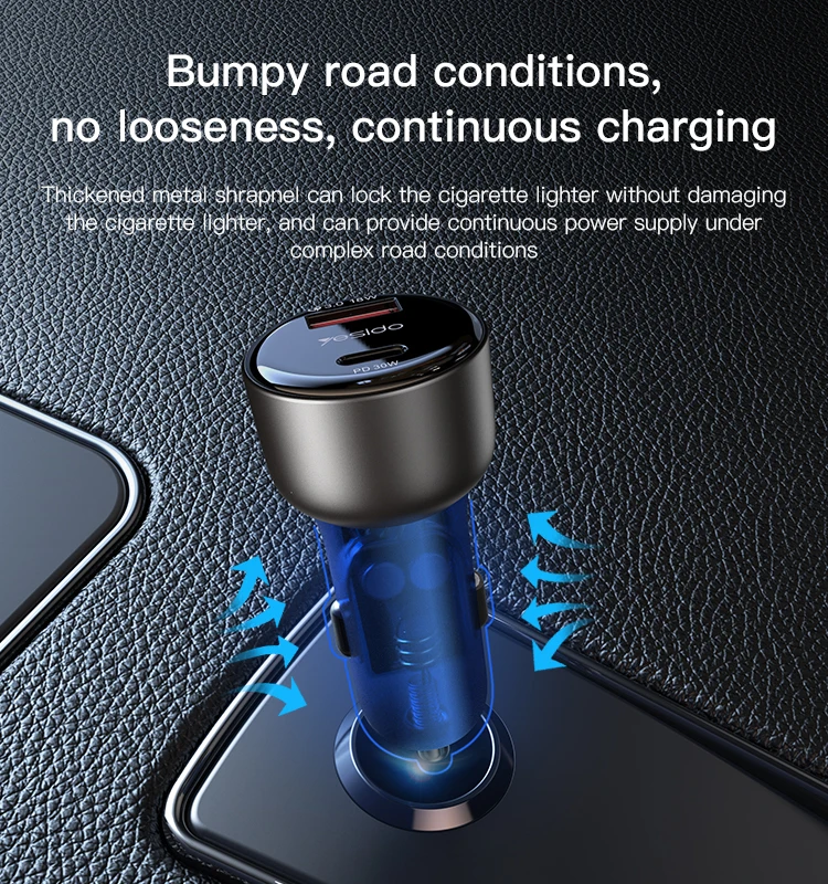 Yesido 48W Usb+Type-C Dual Port Support QC3.0 Safe Fast Charging Translucent Design Aluminium Alloy Car Charger