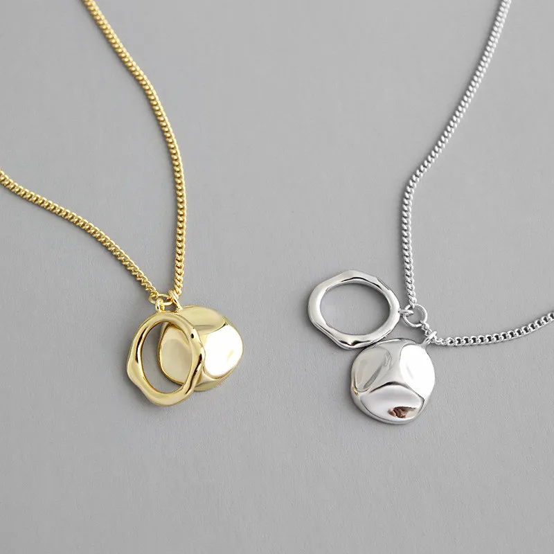925 Sterling Silver Irregular Circle Pendant Necklace Long Sweater Chain Elegant Women Friendship Jewelry
