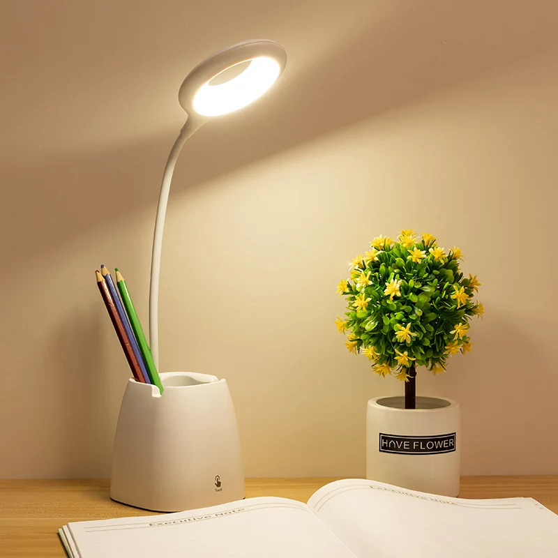 Adjustable LED Desk Lamp with Pen Holder Mobile Bracket Small Bright for Office Use or Reading White Shade DC Power Supply