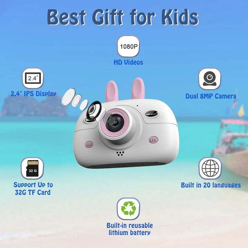 
 2,4 дюймовый IPS HD большой экран 720P 8 Мп двойной объектив Рождественский подарок мультяшная Детская цифровая камера  