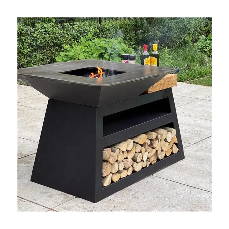 Corten Steel Bbq Set/outdoor Charcoal Bbq Grill Metal Barbecue Fire Pit With Grill Table Wood