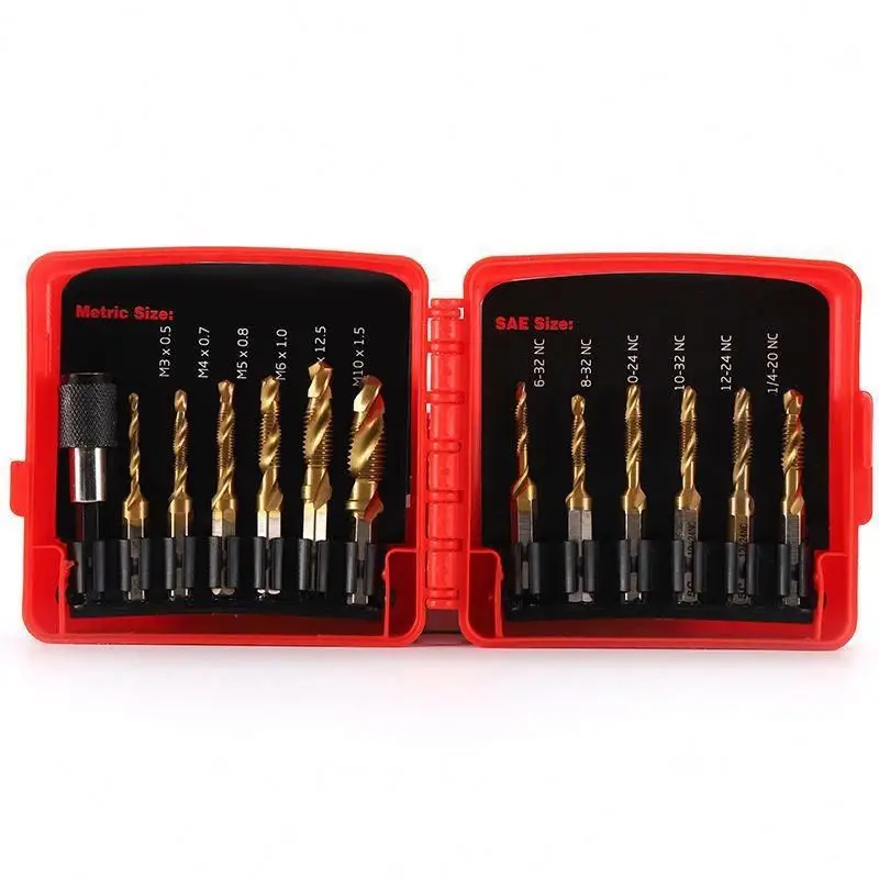 TEBAK Titanium Combination Drill Tap Bit Set 13PCS SAE and Metric Tap Bits Kit for Screw Thread Drilling Tapping Deburring