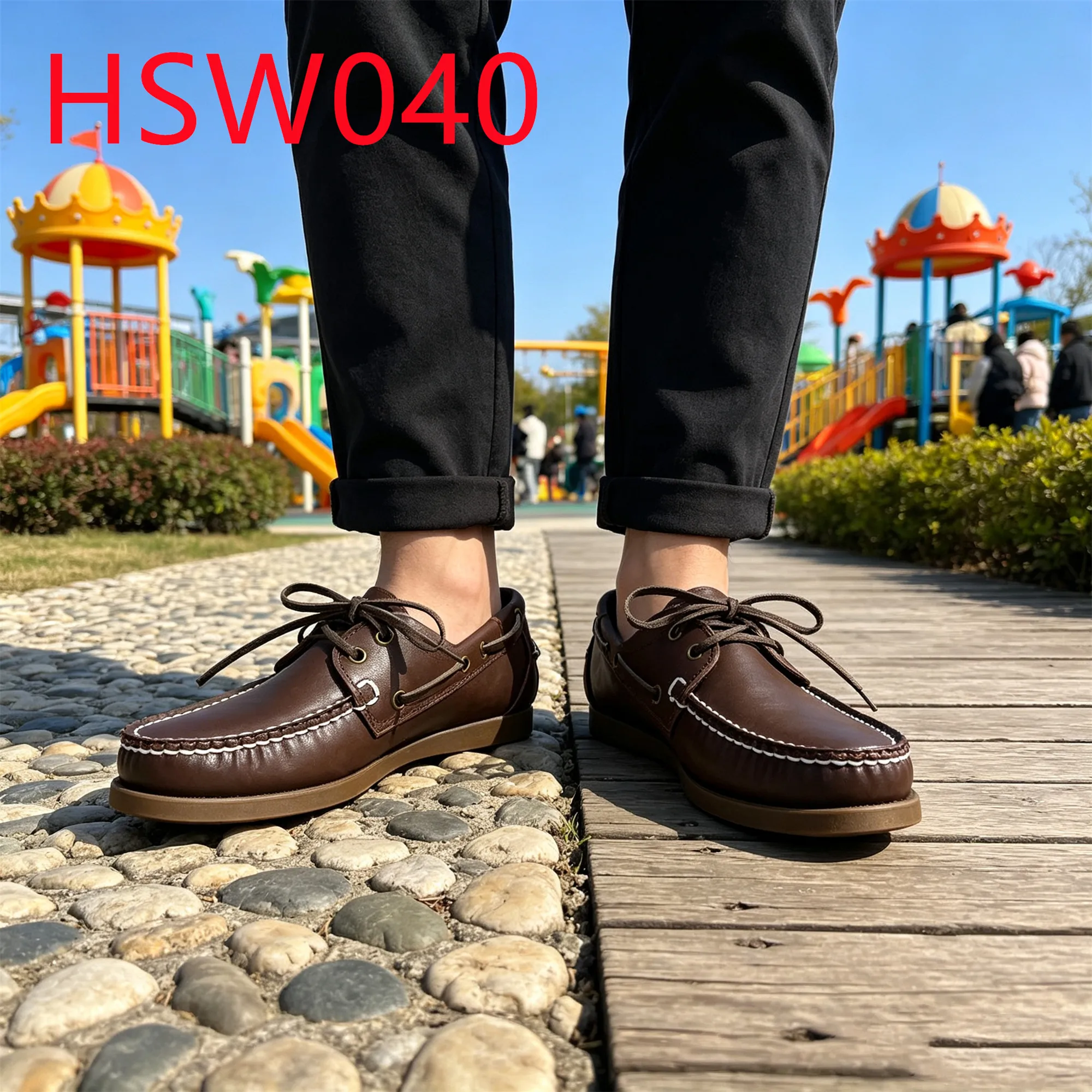 HY,Campus Walk Non-Stuffy Lace-up Hua Singh Leather Moccasin Shoes Full Natural Cow Leather Handmade Brown Boat Shoes HSW040