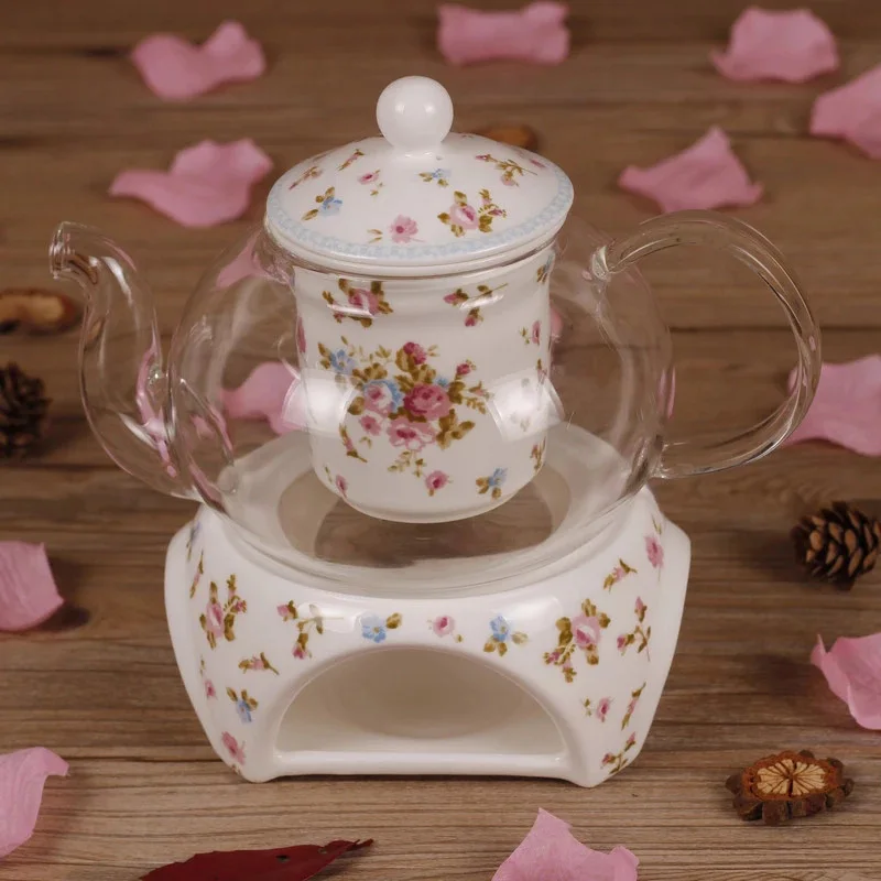 Flower Tea Cooker Good Selling Romantic Floral Teapot with Glass Teapot Warmer Ceramic ...