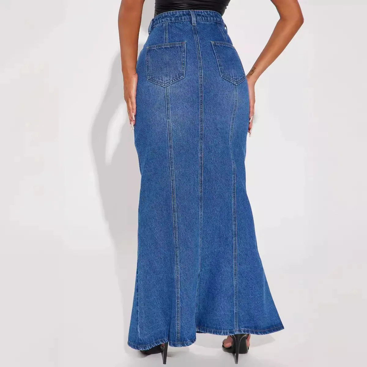 Modern Denim Casual Pockets Women Long Jeans Skirt Sexy Women Long Jean Skirts