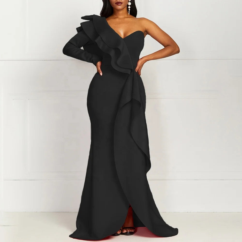 Alibaba.com: Ruffled black long dresses, Sleeveless halter neckline,  Floor-length with split design: Ideal for spring-summer seasons, in-stock  items available for swift delivery.