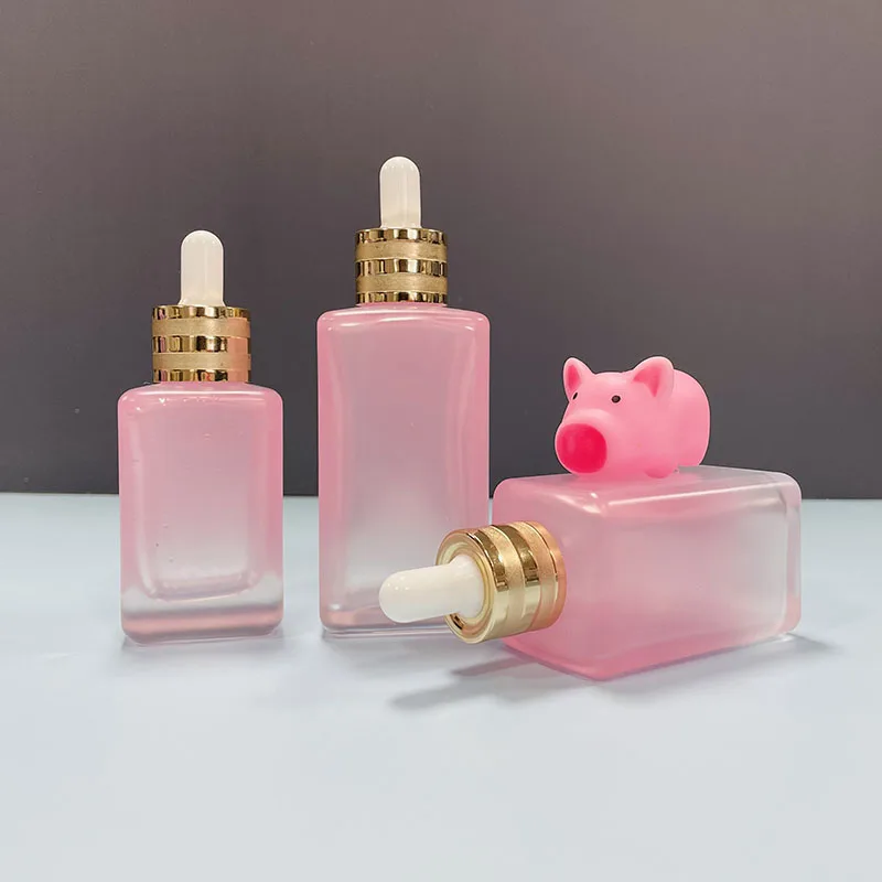10ml Glass Dropper Bottle 10ml 30ml 50ml 75ml 100ml Luxury Facial Serum Oil Packaging Matte Pink Frosted Square Glass Dropper Bottle