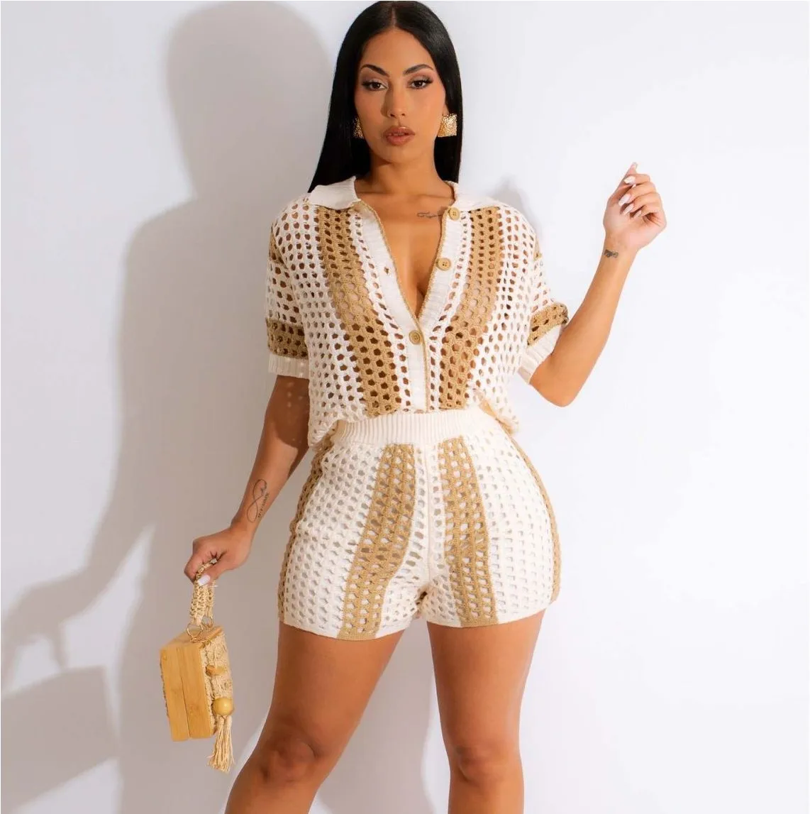 New Arrivals Men Set Summer Sexy See Through Lace Outfits Beach Fashion Short Sleeved Tops And Shorts Mens Two Piece Suits main image 1