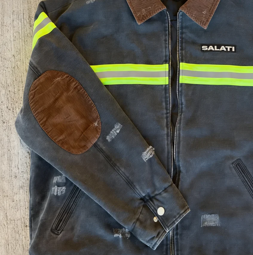 SALATI Men's Washed Denim Jacket with Corduroy Collar Elbow Patches Reflective Stripes Zip Front Vintage Distressed Streetwear gallery 3