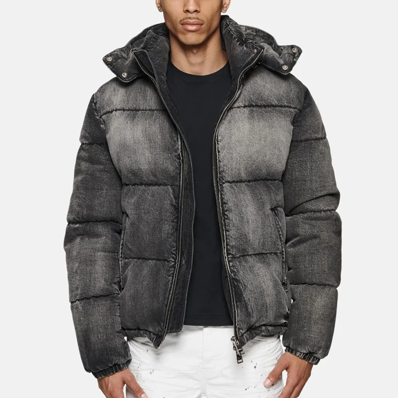 Vintage Manufacturer Custom Oversized Distressed Padded Bubble Denim Puffer Jacket for Men Sun Faded Acid Wash Front Zip Closure