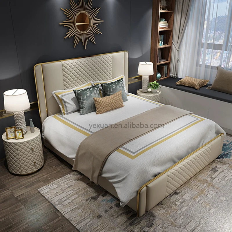 モダンなキングサイズの高級レザーベッド、ステンレススチールベッド