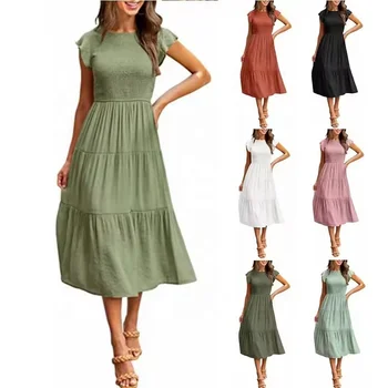 Spring and Summer Women Clothing Hot Product Shirring Short-sleeved Dress Women Wholesale