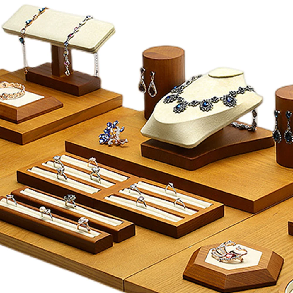 モデル モダンなジュエリーディスプレイベルベットと調節可能なボードスタンドストアラックイヤリングネックレスウッドトレイインサートスポンジ包装用