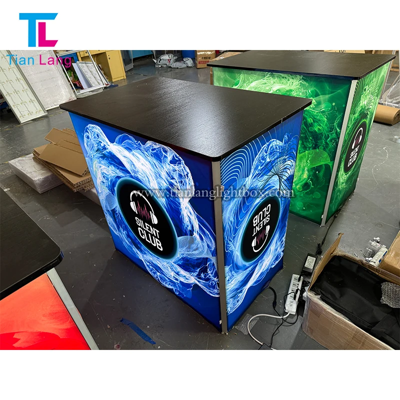 Trade show table aluminum frame seg style frameless portable reusable quick install promotion led backlit exhibition counter