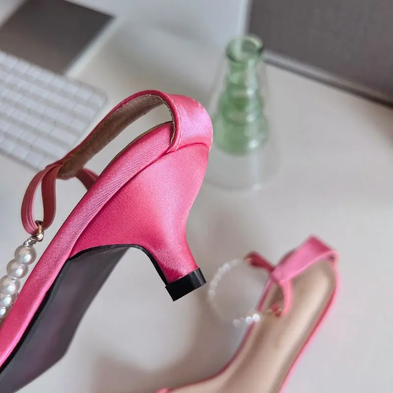 chaussettes独特时尚高跟鞋珍珠女鞋性感女士低粉高跟鞋