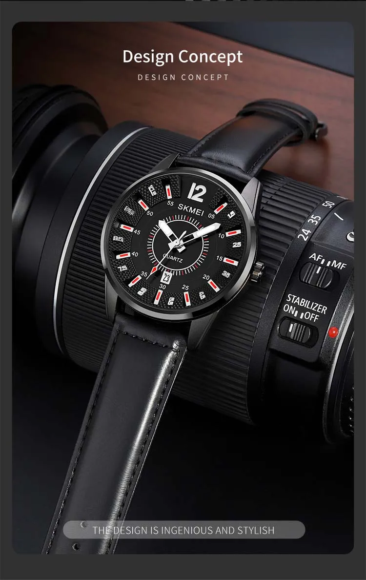 SKMEI 1993 New Arrival Gents Quartz Watch Low Cost Genuine Leather Strap Water Resist Date Display Simple Casual Wrist Watch