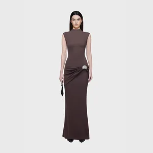 New Arrivals Women's Fashion Design Simple Ruffled Sleeveless Dress Elegant Slim Fit Knitted Long Dress