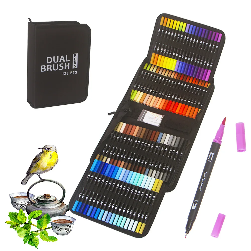 Dual Brush Marker Pens, 120 Colors Art Markers Set with Fine Tip and Brush  Tip for Kids Adult Coloring Book Bullet Journaling Hand Lettering