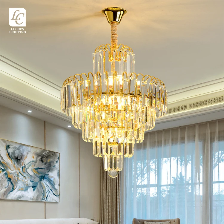 P0058 Luxury Round Gold Crystal Chandelier Modern Tiered LED Pendant Lamp for Living Room