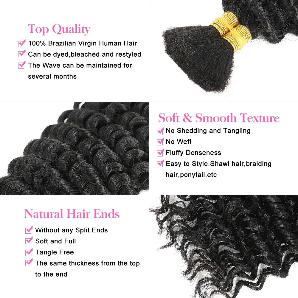 Deep Wave Remy Human Hair Bulk for Braiding, Curly Hair Extension for Boho Braids_voghion.com