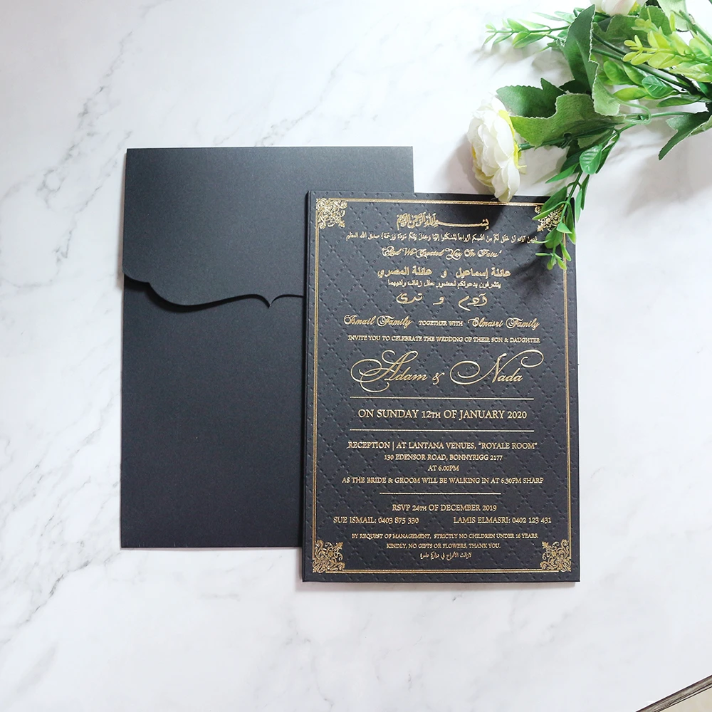 Chic Paper Board Invitation Pocket Style Black Wedding Invitation Card With Gold Foil and Envelope