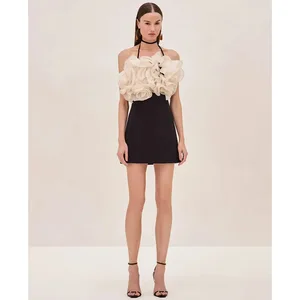 New Stock Arrival Women's Spring Dress Halter Neck Ruffled Trim Slim Fit Sexy Party Dress