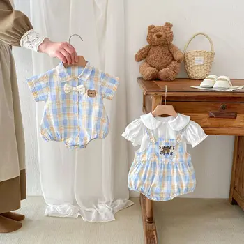 Ins Summer new baby jumpsuit for boys and girls baby short sleeve bear Plaid rompers jumpsuit