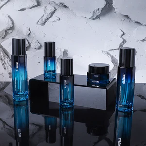 Black to Blue Transparent Gradient Octagonal Glass Bottle Suitable for High-end Men's Cosmetic Packaging