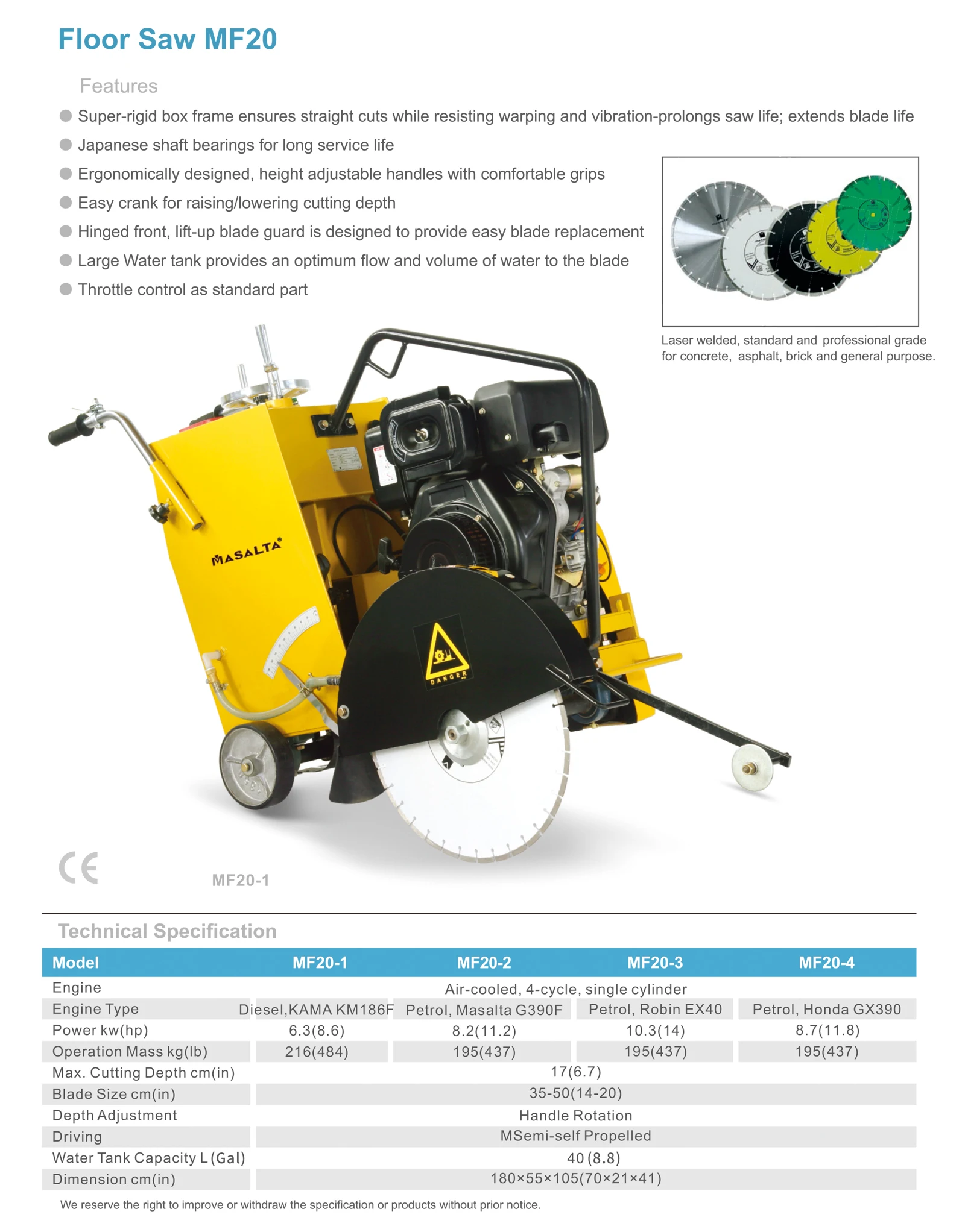 Masalta Petrol Asphalt Pavement Floor Saw Concrete Cutting Machine Mf20