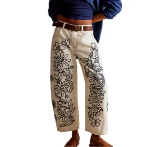 White Twill Denim Pants Loose Fit Wide Leg Tapered Mid Waist Baggy Styling Unique Design Embroidery 100% Cotton Waterproof