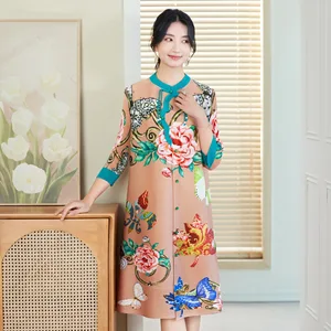 2026 New High-End Mom's Age-Reducing Western Style Dress Large Size Casual Floor-Length Chinese Style Printed Shirt for Ladies