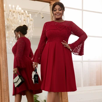AM040504 Long Flare Sleeves a Line Lace Patchwork Bowtie Women Casual Dress