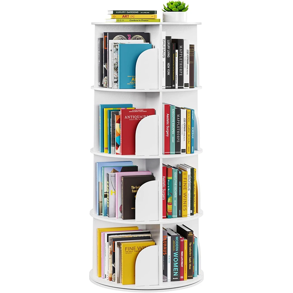 4 Tier Wooden Modern Rotating Bookshelf Tower Lazy Susan Revolving 360 Book Storage Carousel Vertical Turn Corner Organizer