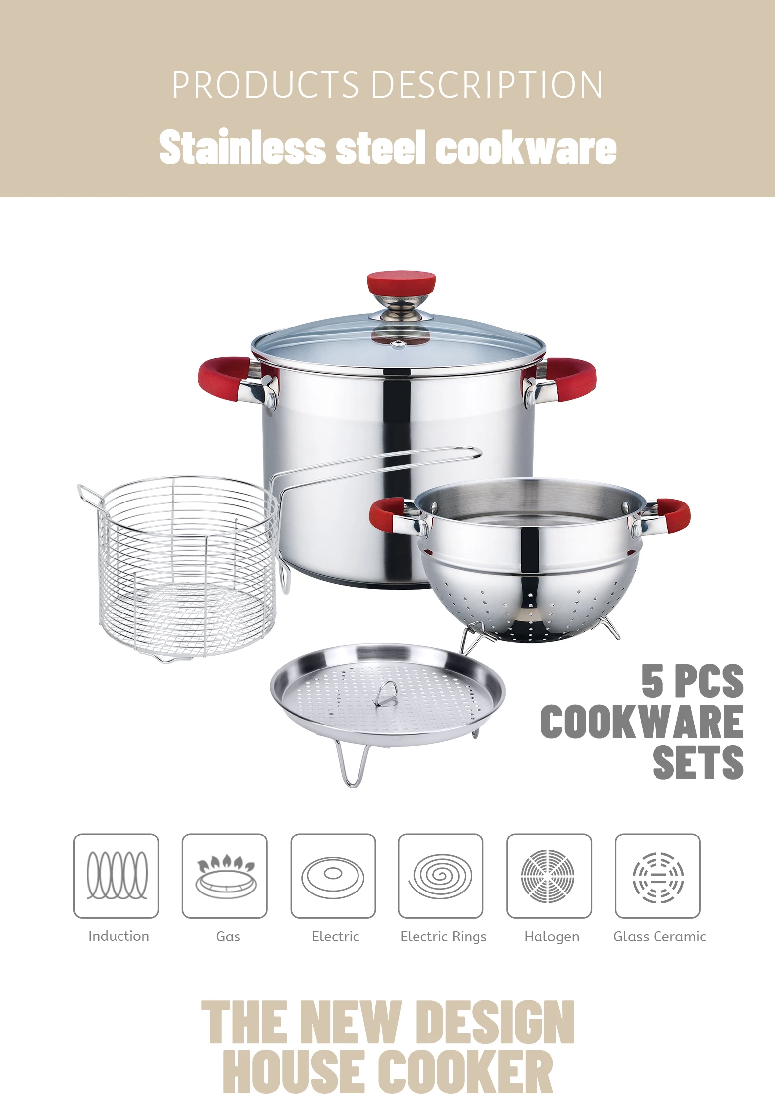 Multifunction Cookware Set 5piece Stainless Steel Stockpot Colander