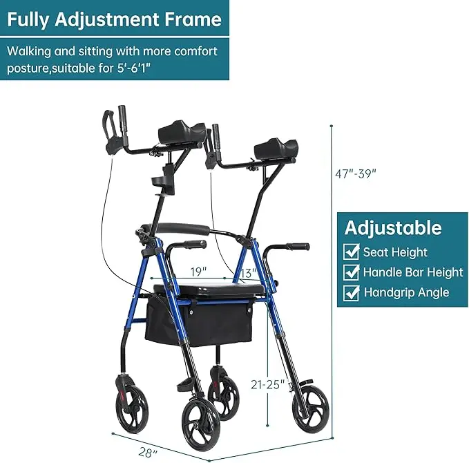 product four wheels folding height adjustable steel rollator walker with seat mobility aids lightweight rollator for disabled-7