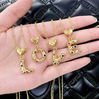 Fashion Jewelry Initial Necklace Alphabet Charms Luxury Rainbow Cz Zirconia Gold Plated  Letter A Pendant Necklace