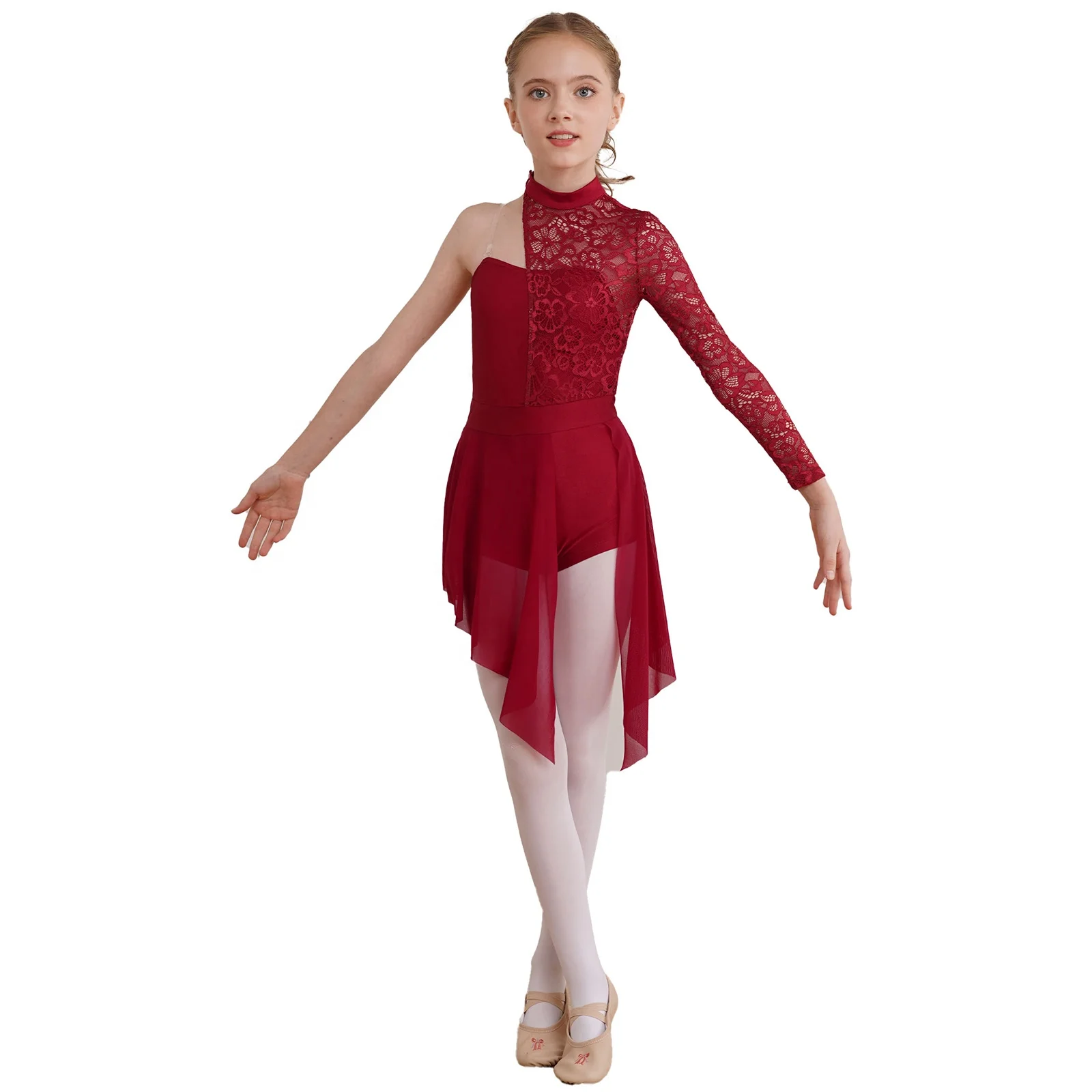 Custom Girls Lyrical Modern Dance Dress Half Floral Lace Bodice Ballroom Dancing Costumes