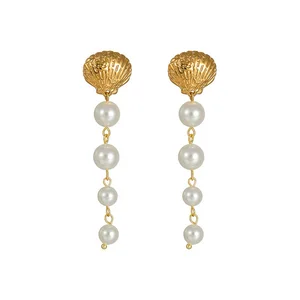 Fine Shell Shape Dangle Drop Earrings Jewelry Women's Fashion Pearls Stainless Steel Long Tassel Dangle Earring