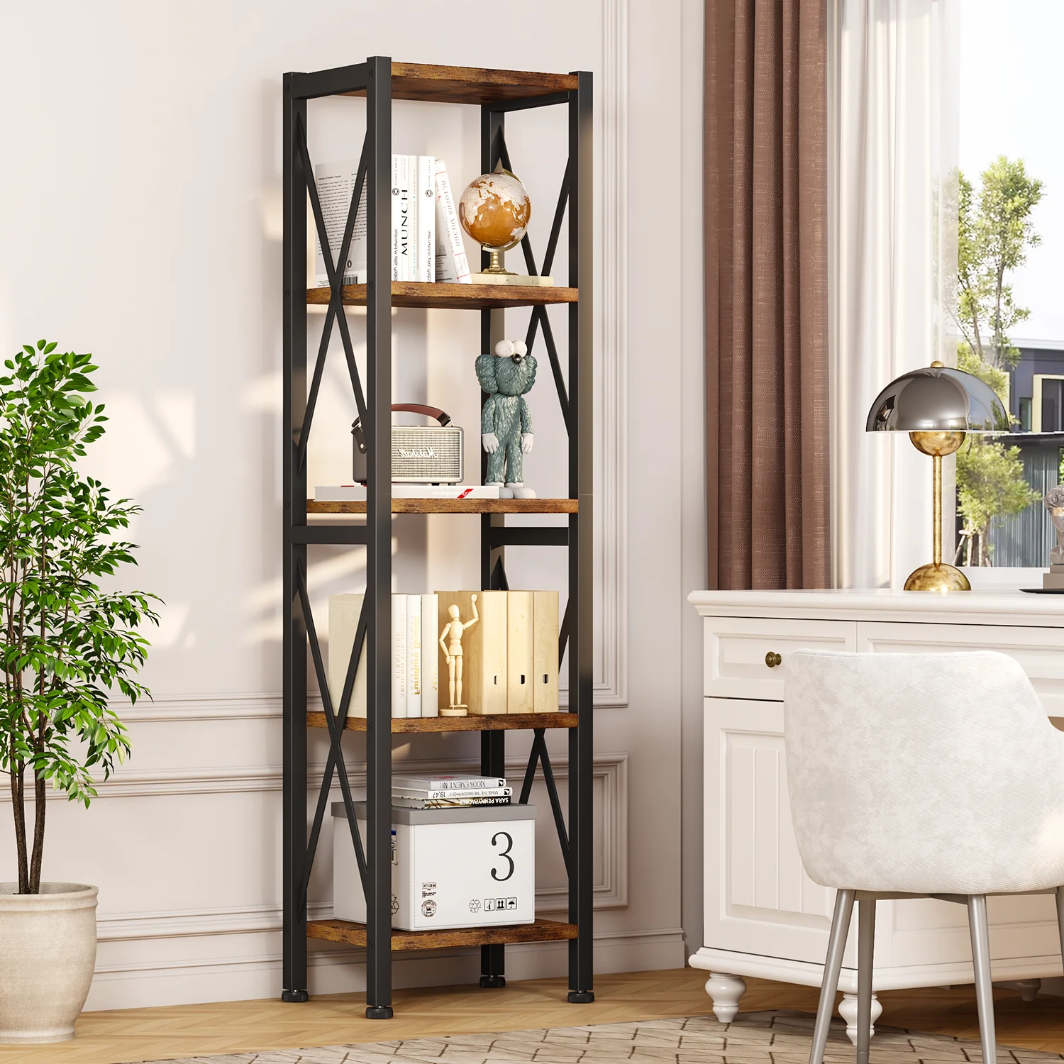 Narrow Bookshelf,  5 Tier Ladder Bookshelf, Tall Bookshelf for Bedroom with Open Shelves, Office Bookshelf (Rustic Brown)