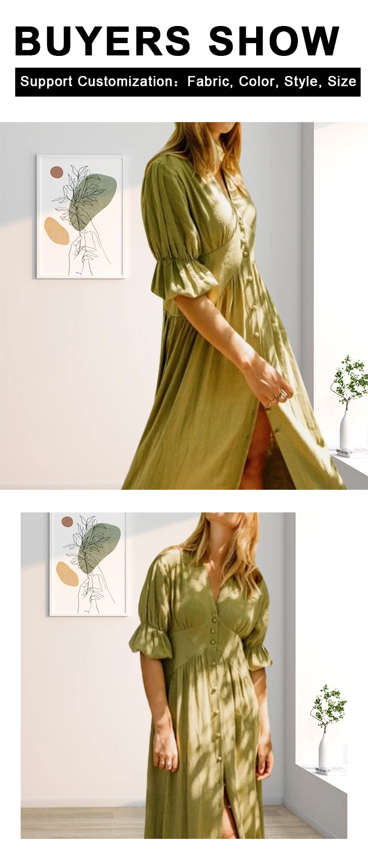 Designer Summer Fashion V Neck Short Sleeve Linen Maxi Dress Custom