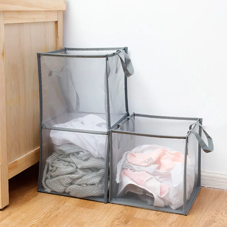 Customized Logo Large Capacity Laundry Baskets Collapsible Dirty Clothes Bag Foldable 2 Compartment Net Laundry Basket