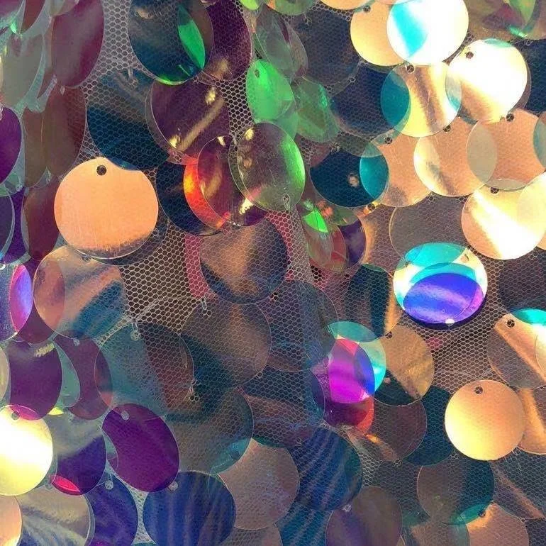 RTS 18mm Rainbow Spangle Iridescent Large Reversible Embroidery Sequin Fabric for Evening Dress