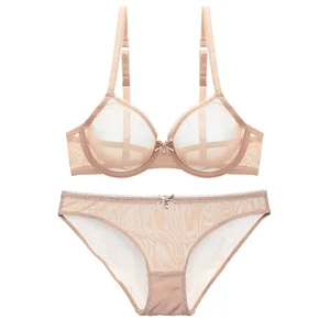 Wholesale Women Sexy See-Through Lingerie Set Lace Transparent Bra Bikini Panty Adjustable Straps Bow Decoration