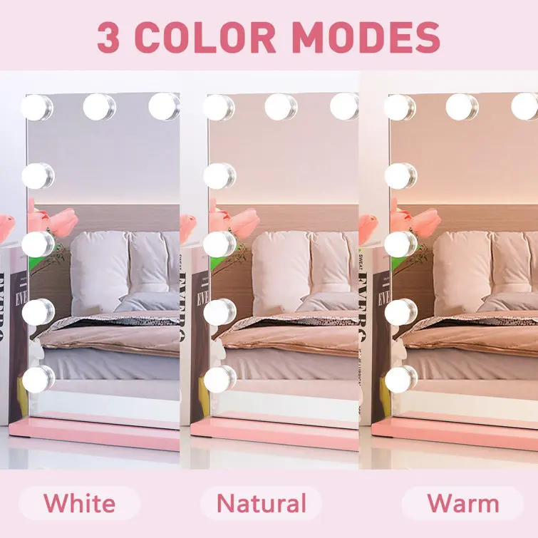 Modern Hollywood Makeup Mirror with 3 Color Temperature Adjustable Brightness and USB Charging Port 1